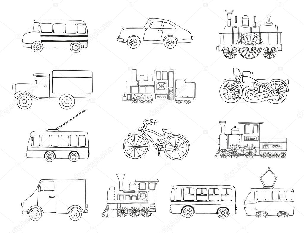 Vector black and white set of retro engines and transport