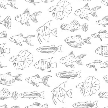 Akvaryum balık vektör siyah ve beyaz dikişsiz desen