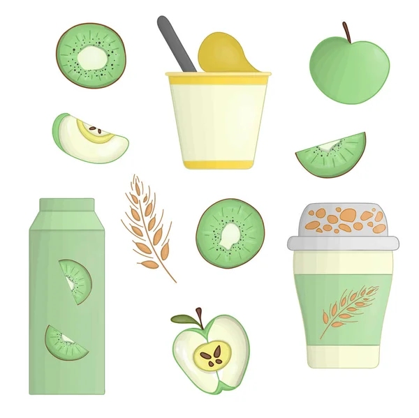 Iogurte vetorial e ilustração de frutas . — Vetor de Stock