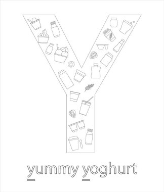 Siyah beyaz alfabe harfi Y. Phonics flashcard. Sevimli lette