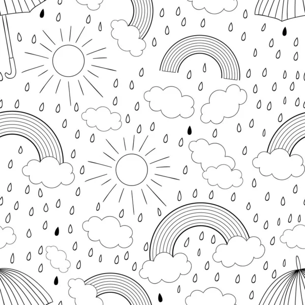 Modèle sans couture vectoriel noir et blanc avec arc-en-ciel, pluie, pluie — Image vectorielle