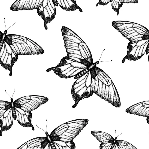 Vector seamless pattern of hand drawn black and white butterflies — Stock Vector