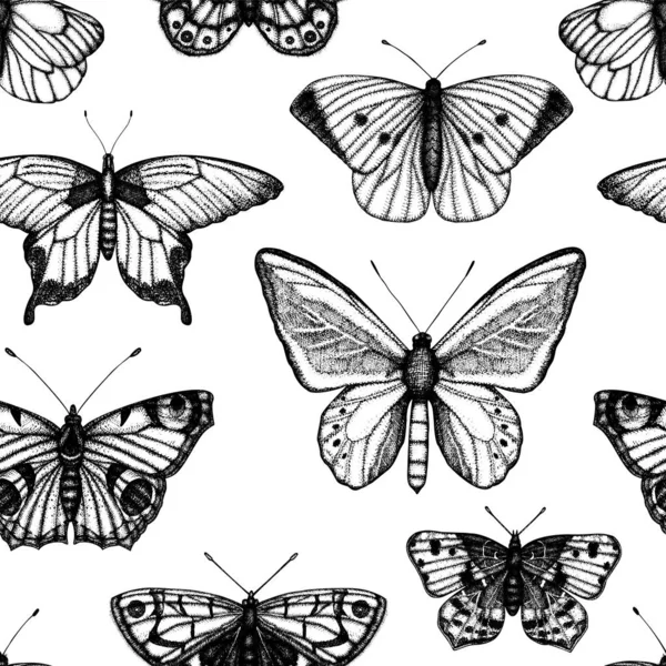 Modèle sans couture vectoriel de papillons noirs et blancs dessinés à la main — Image vectorielle