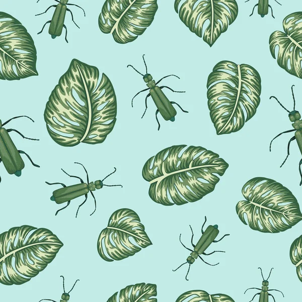 Vector naadloze patroon van groene Monstera bladeren met Tropic bugs — Stockvector