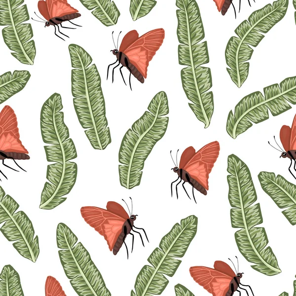Modèle vectoriel sans couture de feuilles de banane vertes avec des papillons — Image vectorielle