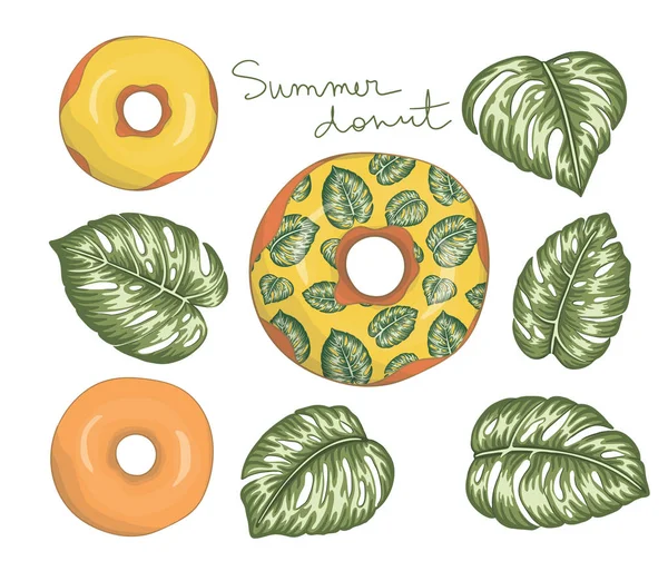 Yeşil yaprakları ile sarı krema ile donut Vektör illüstrasyon — Stok Vektör