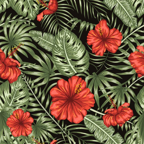 Векторный бесшовный рисунок зеленых тропических листьев с красным хибиском — стоковый вектор
