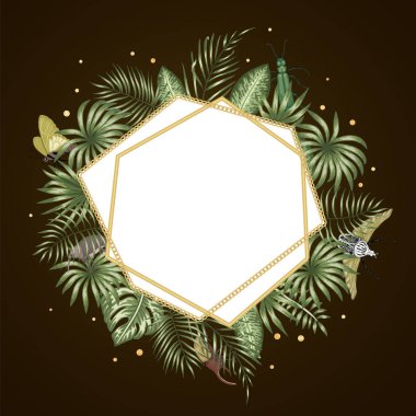 Tropikal yapraklar, böcekler ile vektör çerçeve şablonu