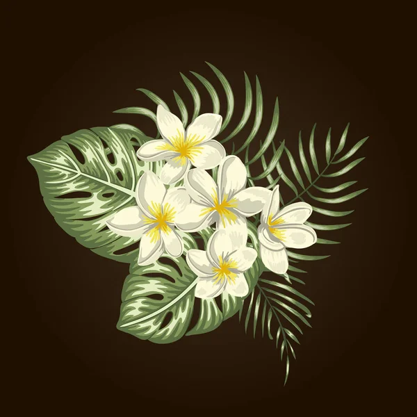 Vector tropische samenstelling van witte Plumeria bloemen, Monstera — Stockvector