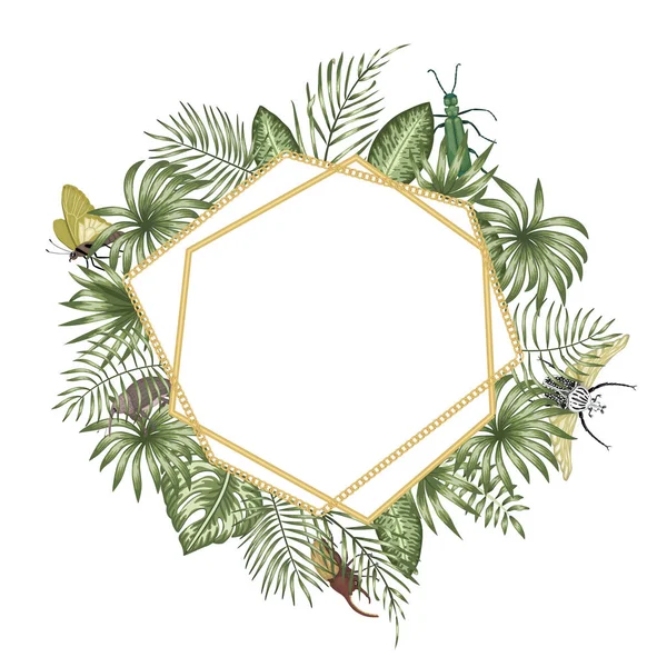Plantilla de marco vectorial con hojas tropicales, insectos — Vector de stock
