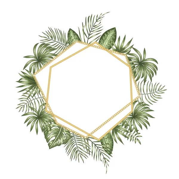 Plantilla de marco vectorial con hojas tropicales y cadena dorada — Vector de stock