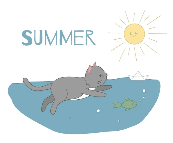 Ilustração vetorial de um gato nadando na água com um peixe — Vetor de Stock