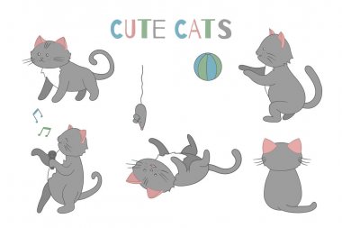 Farklı pozlar sevimli karikatür tarzı kedi Vektör seti. Hayvan 