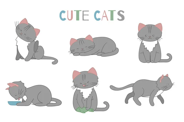 Vector set of cute cartoon style cat in different poses. Animal