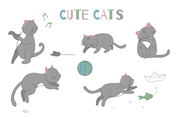 Vector set of cute cartoon style cat in different poses. Animal — Stock Vector