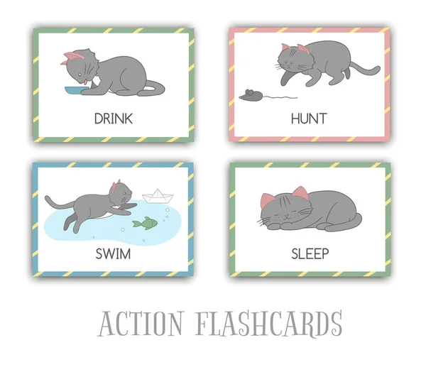 Vector set of actions flash cards with cat. Cute character swimm