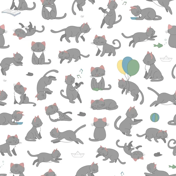 Vector seamless pattern of cute cartoon style cat in different p — Stock Vector