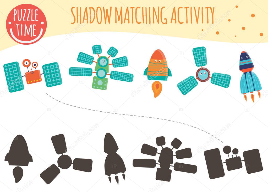 Shadow matching activity for children. Space technics.