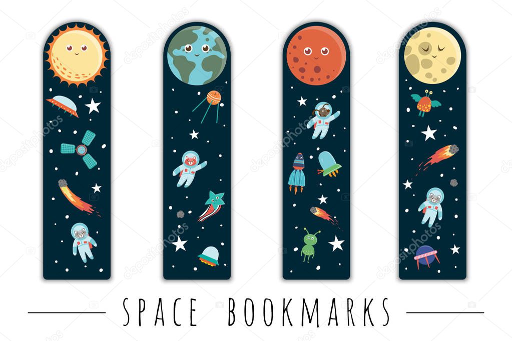 Vector set of bookmarks for children with outer space theme. Cut