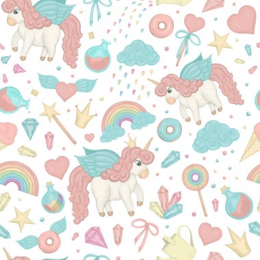 Sevimli suluboya tarzı tek boynuzlu atlar ile Vektör dikişsiz desen