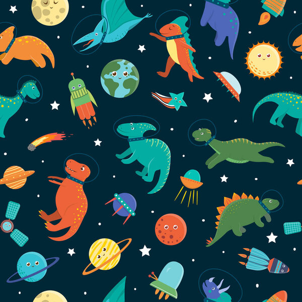 Vector seamless pattern with cute dinosaurs in outer space