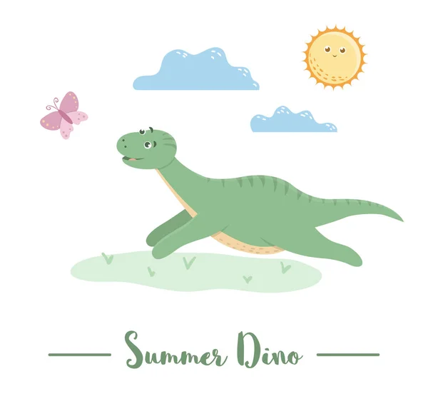 Ilustracja z Dino działa na motyl pod słońcem — Wektor stockowy