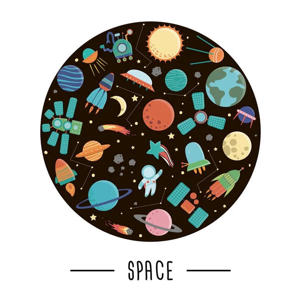 Conjunto vetorial de elementos do espaço exterior bonitos com nave espacial, planetas , —  Vetores de Stock
