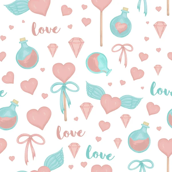 Vector seamless pattern with lollipop hearts, bows, magic potion — Stock Vector