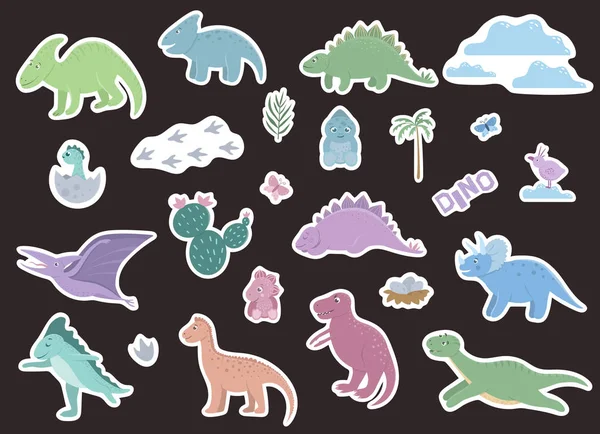Vector set of cute dinosaurs stickers with clouds, eggs, birds, — Stock Vector