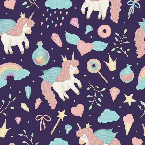 Vector Seamless Pattern Cute Watercolor Style Unicorns Rainbow Clouds Donuts — Stock Vector