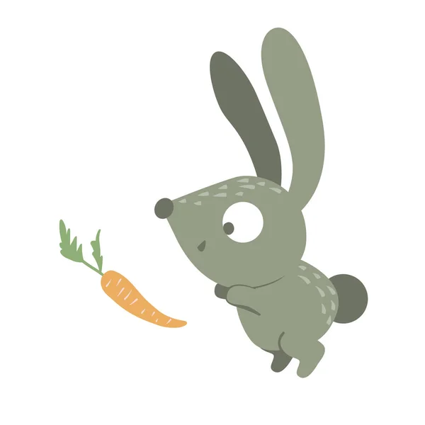 Estilo de desenho animado vetorial plana engraçado bebê coelho com cenoura — Vetor de Stock