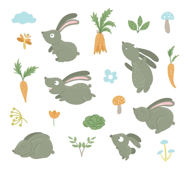 Set vettoriale di conigli divertenti piatti in stile cartone animato in pose diverse — Vettoriale Stock