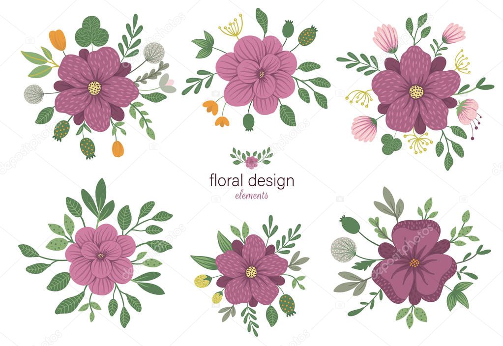 Set of vector floral round decorative elements. Flat trendy illustration
