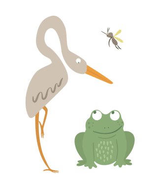 Vector cartoon style flat funny frog with heron and mosquito iso vector Vector cartoon style flat funny frog with heron and mosquito iso vector
