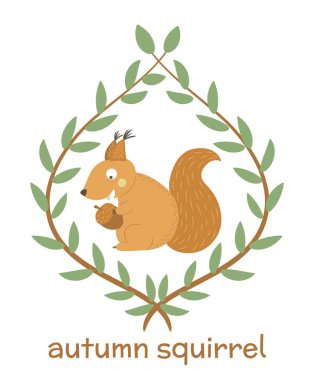 Vektör el dalları çerçeveli meşe palamudu yeme düz sincap çizilmiş 