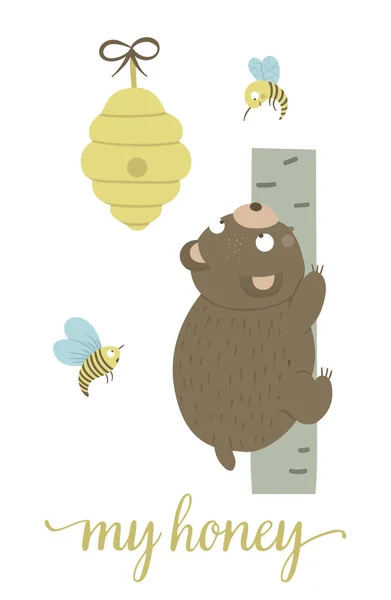 Vector desenho animado estilo mão desenhada urso plano escalando a árvore — Vetor de Stock