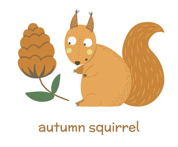 Vector hand drawn flat squirrel looking at cone. Funny autumn sc — Stock Vector