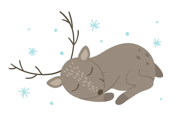 Vektör el kar taneleri ile düz uyuyan geyik çizilmiş. Komik wint — Stok Vektör