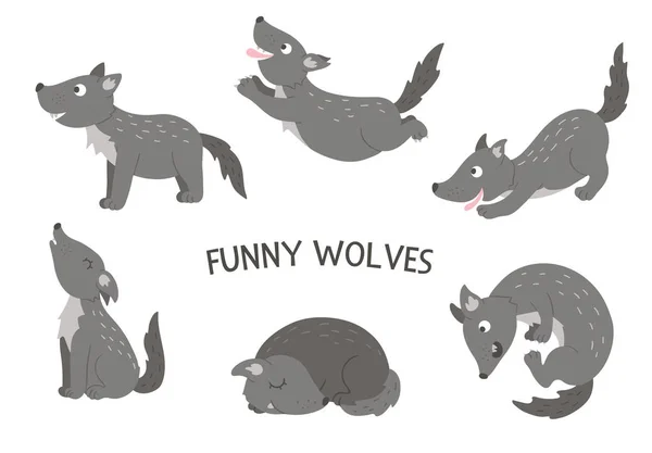 Vector set of cartoon style hand drawn flat funny wolves in diff — Stock Vector