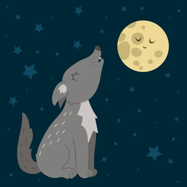 Vector hand drawn flat wolf howling at the moon. Funny night sce — Stock Vector