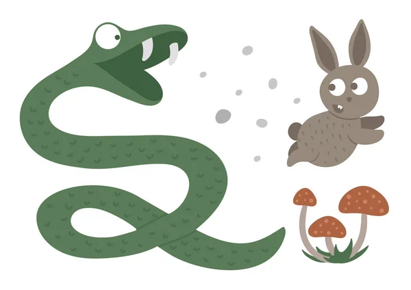 Vector hand dras platt orm jagar en hare. Funny Woodland ANIM — Stock vektor