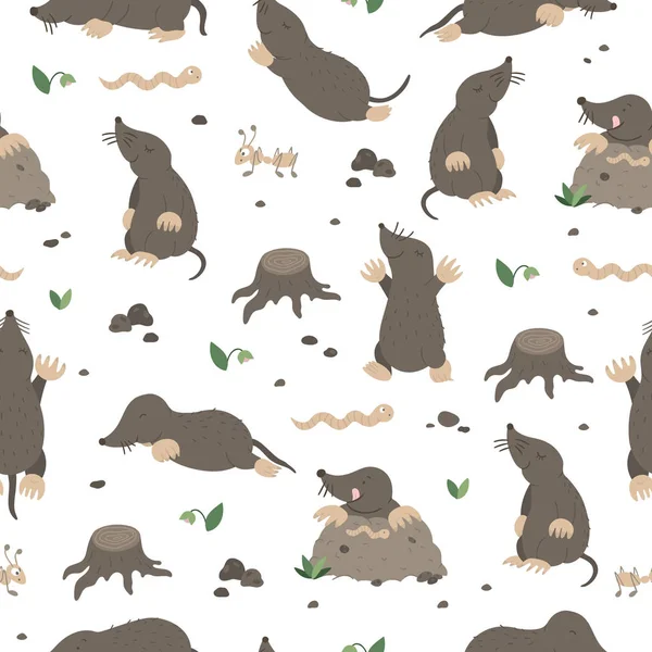 Vector seamless pattern of hand drawn flat funny moles in differ — Stock Vector