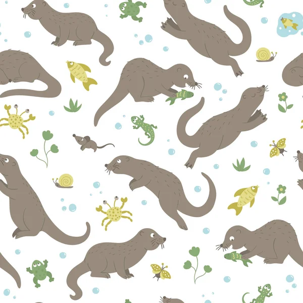 Vector naadloze patroon van hand getekende platte grappige otters in diffe — Stockvector