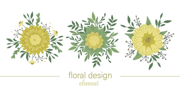 Set von Vektorfloralen runden gelben dekorativen Elementen. flacher Graben — Stockvektor
