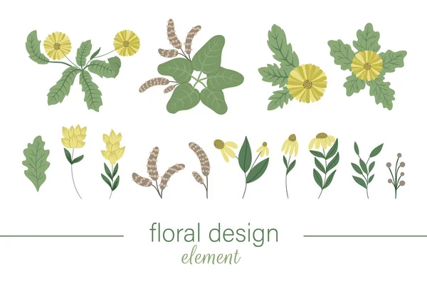 Ensemble de clip floral vectoriel jaune. Dessiné à la main illust tendance plat — Image vectorielle