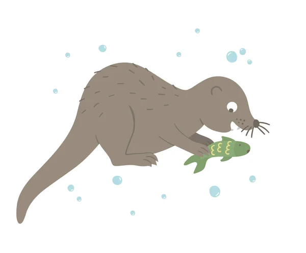 Vector mão desenhada lontra plana comendo peixe. Engraçado bosque animal . — Vetor de Stock