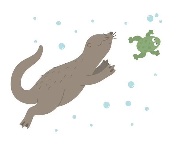 Wektor ręcznie rysowane płaskie Otter pływanie dla żaby. — Wektor stockowy