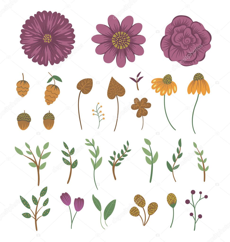 Vector floral clip art set. Hand drawn flat trendy illustration 