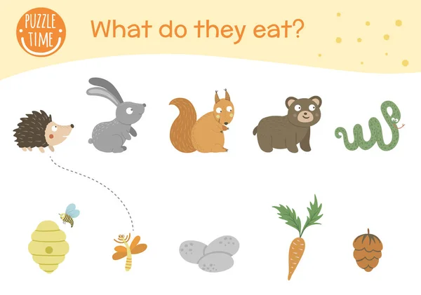 彼らは何を食べますか。動物を持つ子供のためのマッチング活動 — ストックベクタ