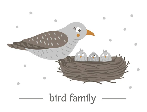 Pájaro plano dibujado a mano vectorial sentado en el nido con huevos . — Vector de stock
